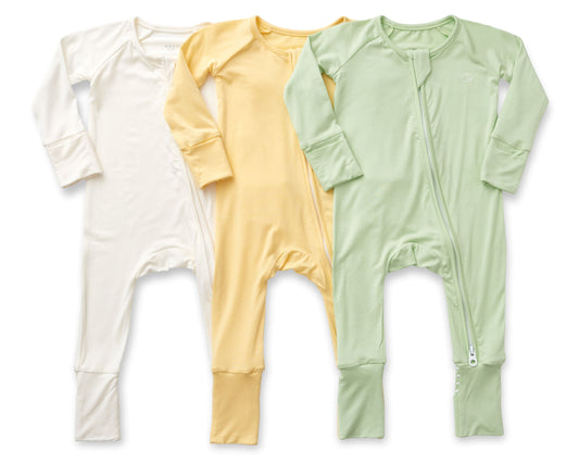 Set of 3 Bamboo Spandex Zipper Sleepsuits - Light Mint/Lemon/ White