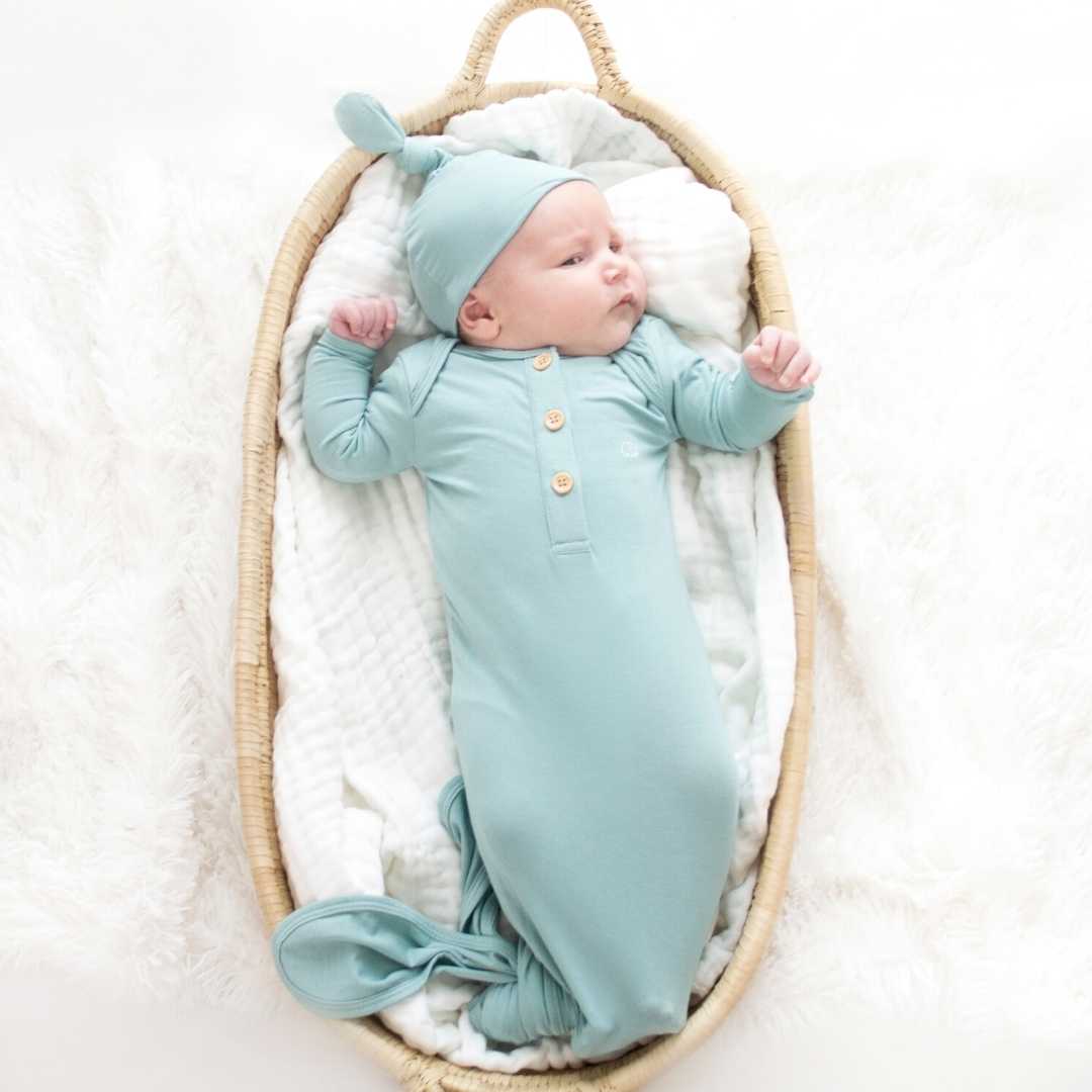 Organic Bamboo Knotted Gown & Beanie Set in Soft Sage