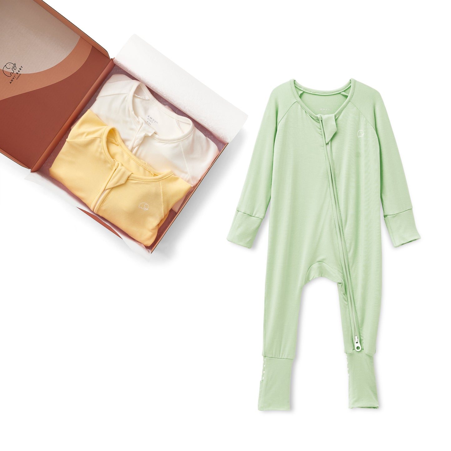 Set of 3 Bamboo Spandex Zipper Sleepsuits - Light Mint/Lemon/ White