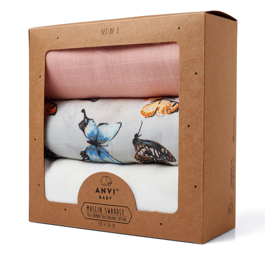 Set of 3 Organic Bamboo Swaddles in Butterfly Dreams