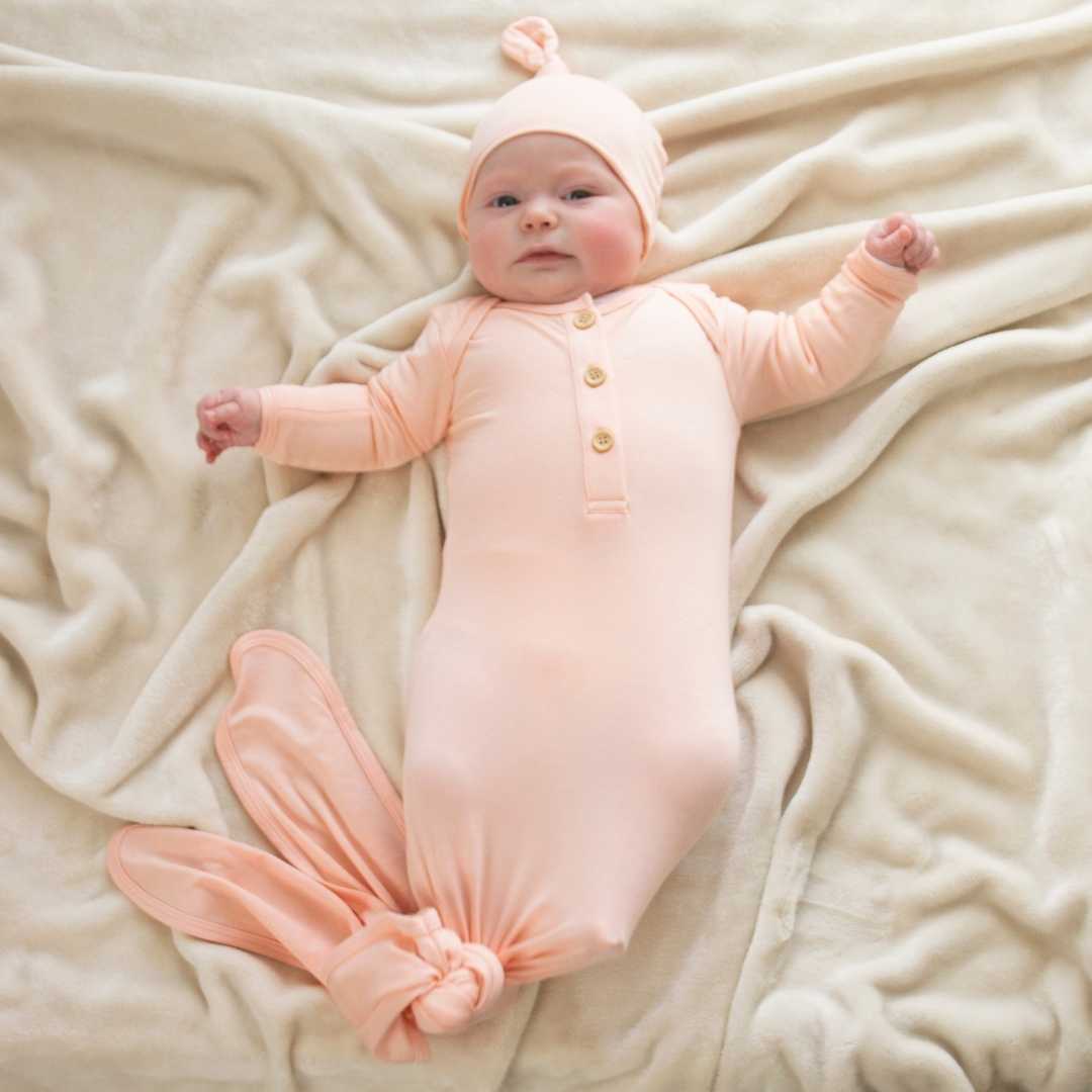 Organic Bamboo Knotted Gown & Beanie Set in Peach