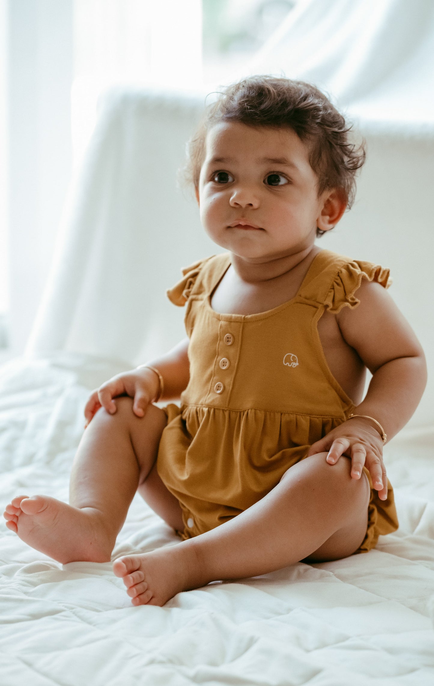 Organic Bamboo Ruffle Romper Mustard