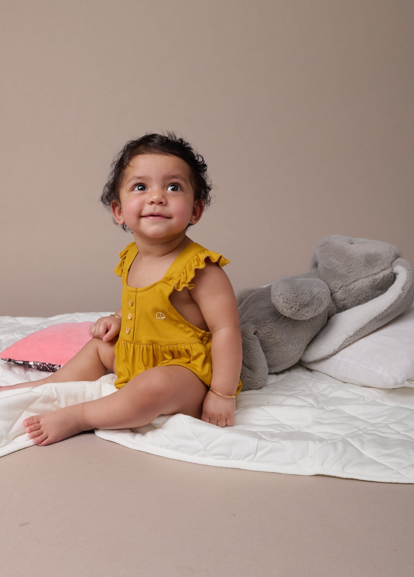 Organic Bamboo Ruffle Romper Mustard
