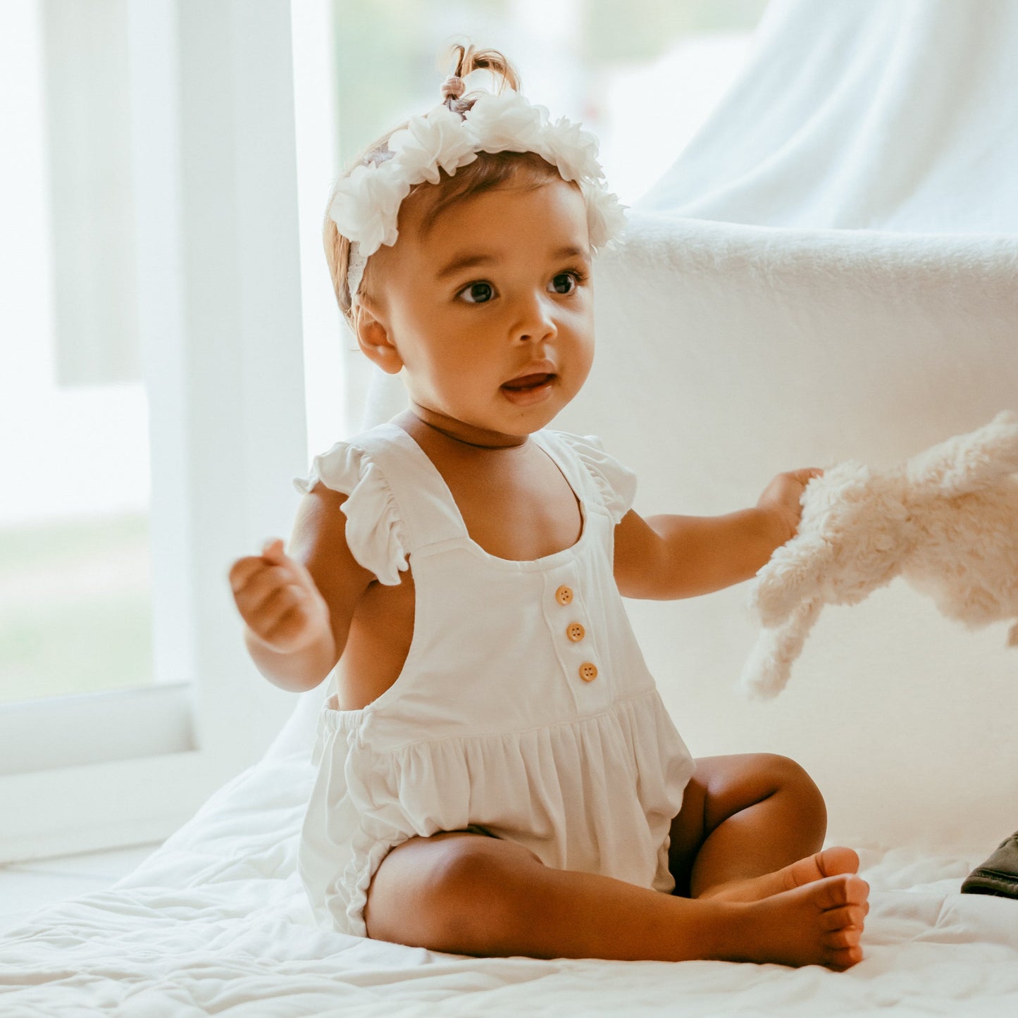 Organic Bamboo Ruffle Romper White