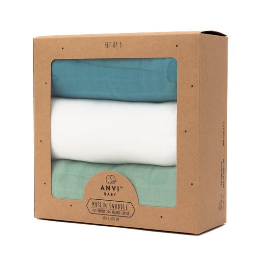 Set of 3 Organic Bamboo Swaddle- Aquamarine