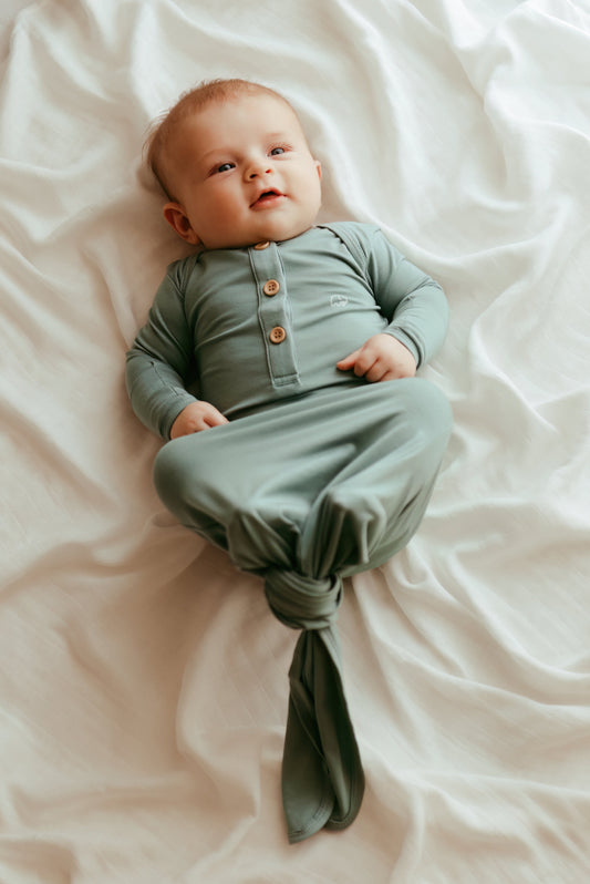Organic Bamboo Knotted Gown & Beanie Set in Soft Sage