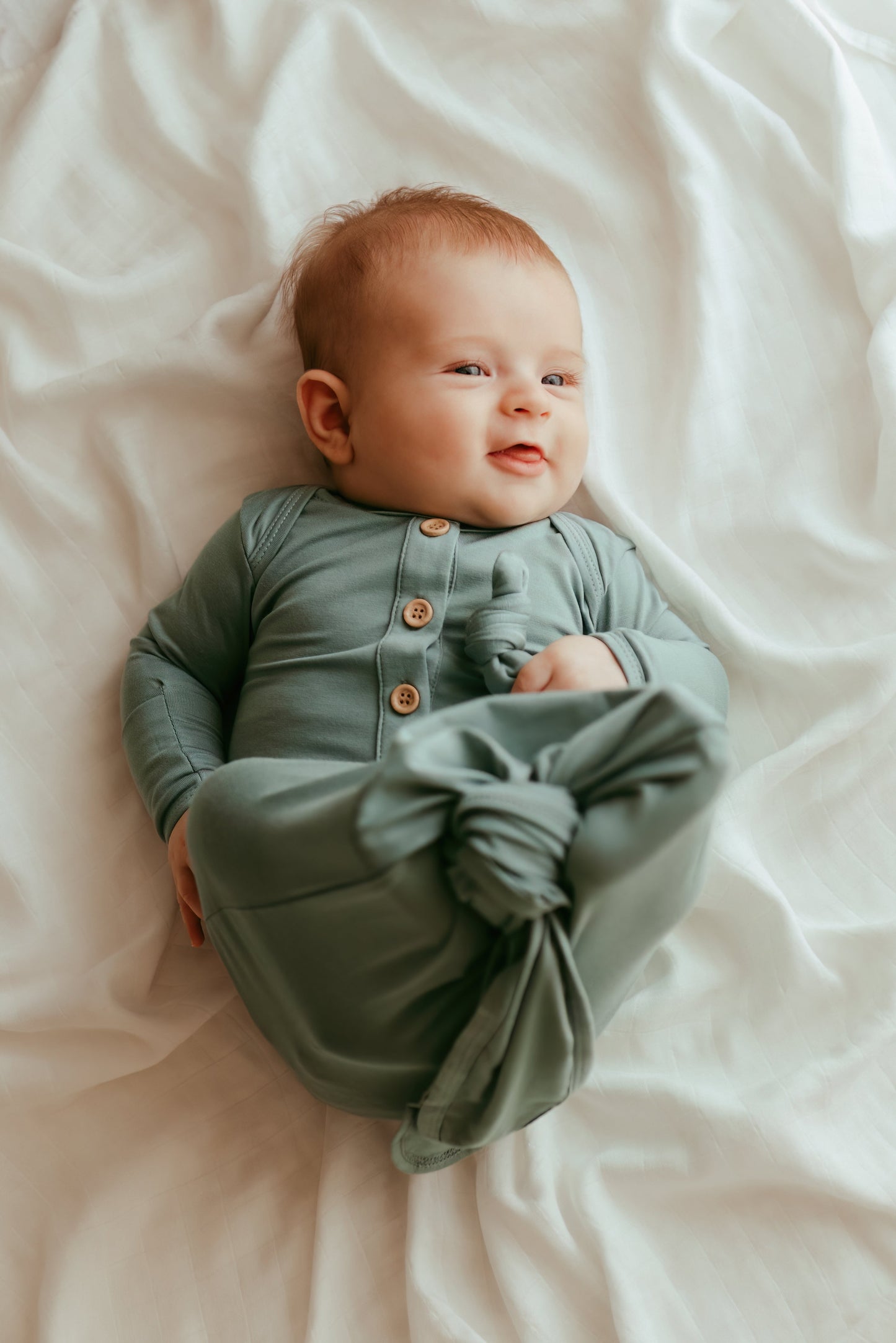 Organic Bamboo Knotted Gown & Beanie Set in Soft Sage