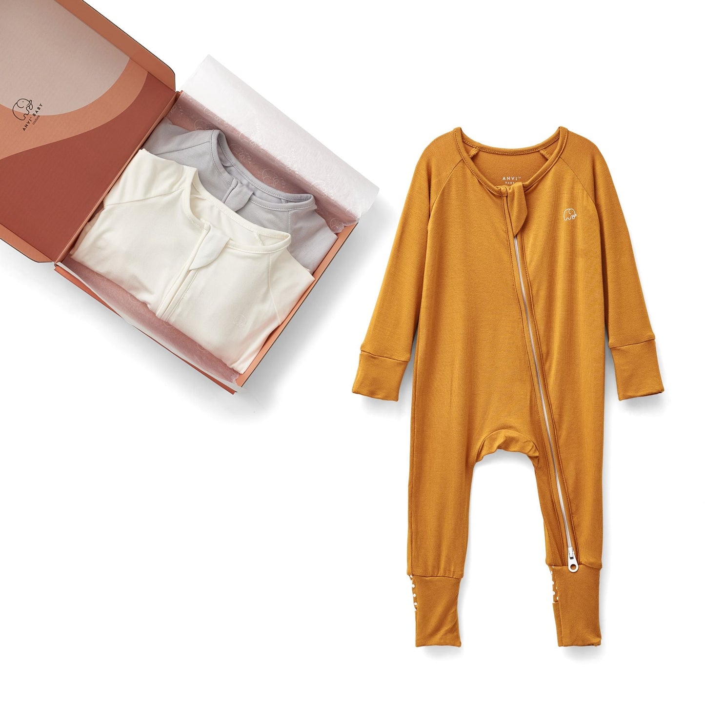Set of 3 Bamboo Spandex Zipper Sleepsuits - White/Grey/Mustard