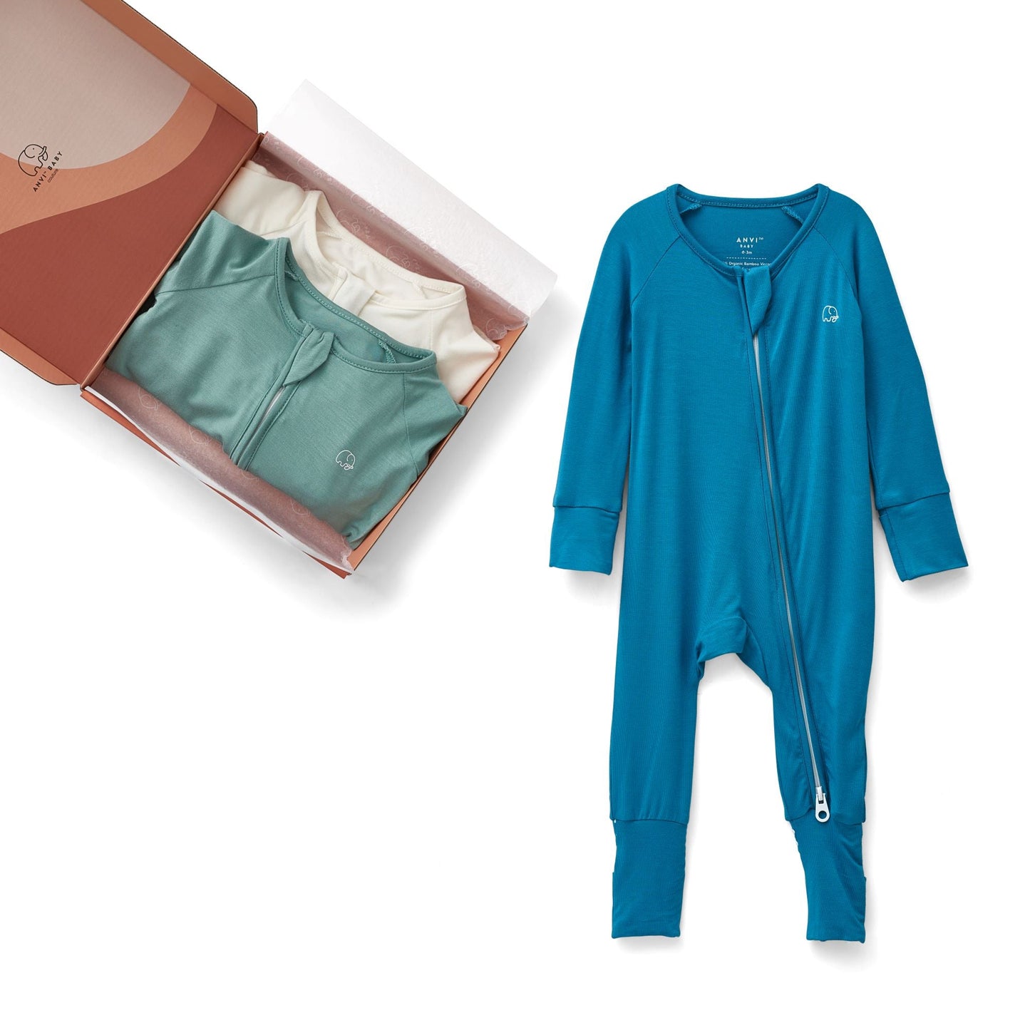 Set of 3 Bamboo Spandex Zipper Sleepsuits - Green/White/Blue
