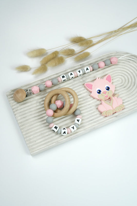Personalised Teething Essentials Gift Set - Pink & Grey