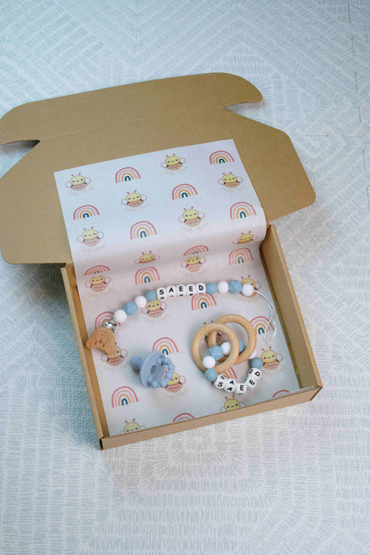 Personalised Teething Essentials Gift Set - Blue & White