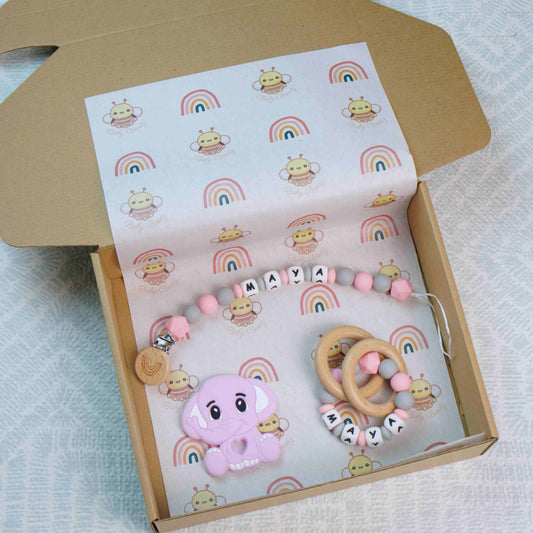 Personalised Teething Essentials Gift Set - Pink & Grey