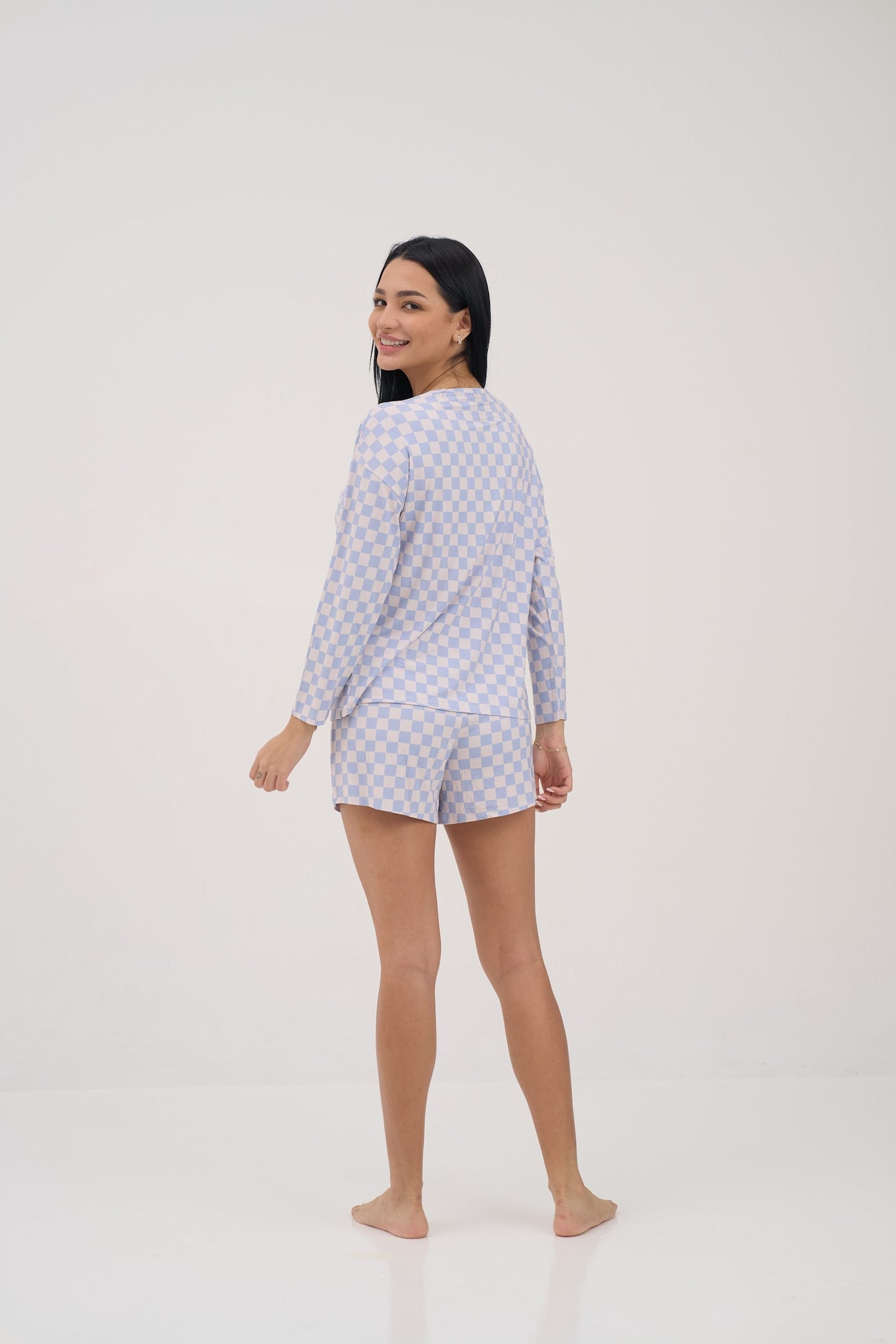Womens Blue Checker Drop Shoulder Pajama Top
