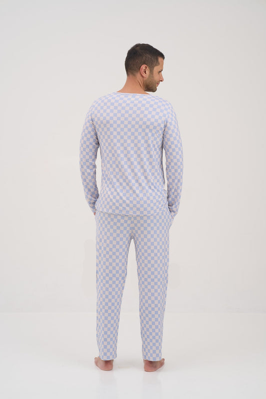 Mens Blue Checkers Round Neck Pajama Top