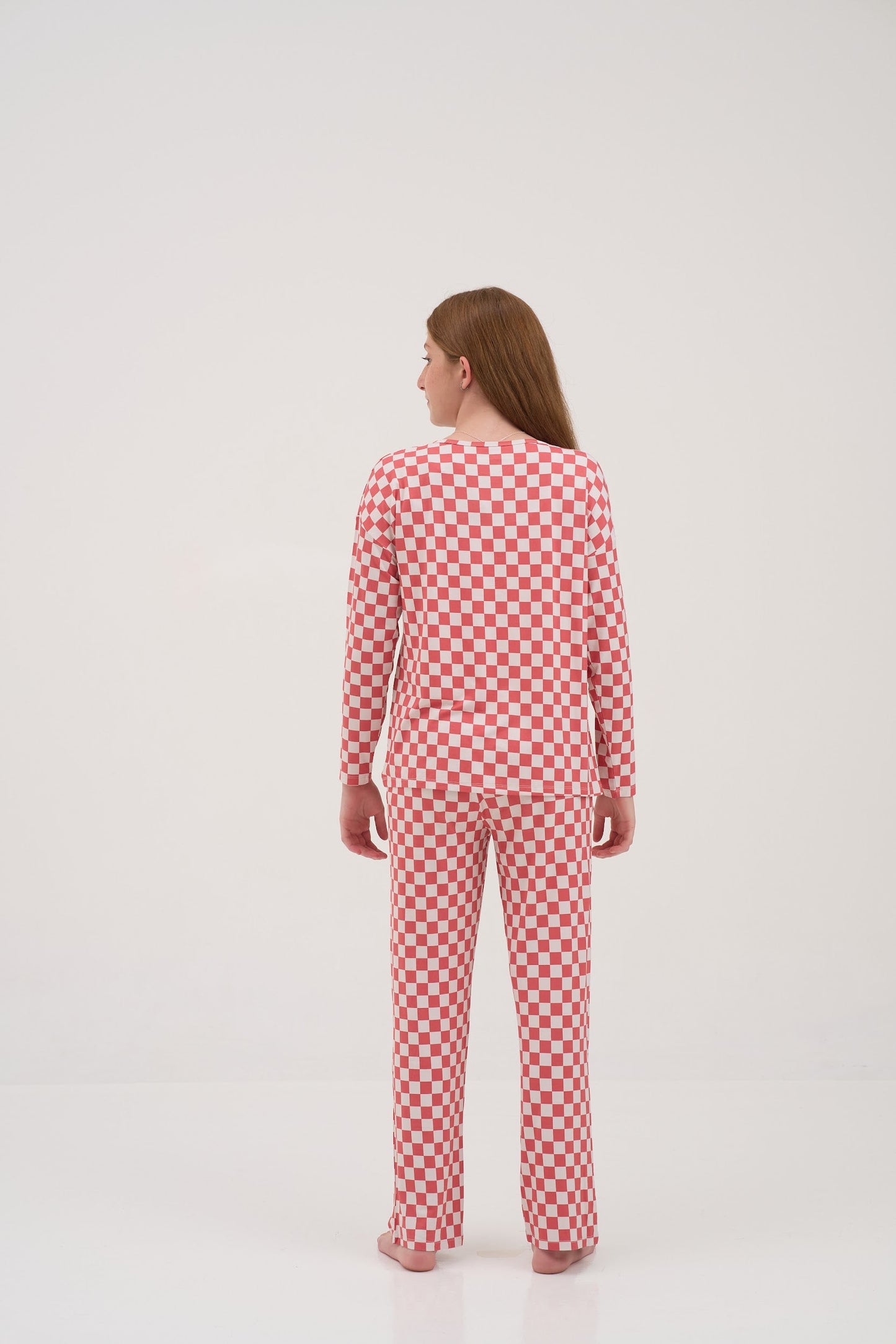 Womens Red Checker Drop Shoulder Pajama Top