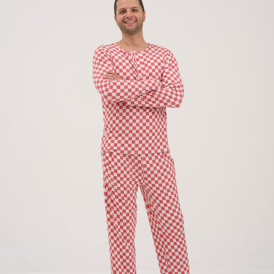 Mens Red Checkers Round Neck Pajama Top