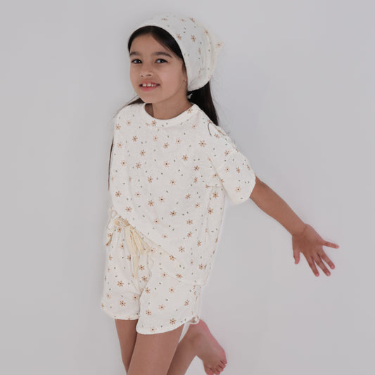 Star Flower Terry Top and Short Set with Head Scarf