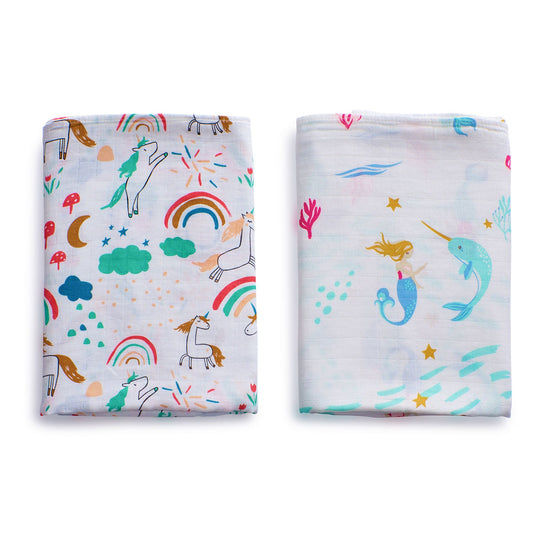 Set of 2 Organic Bamboo Muslin Swaddles in Enchanted Earth