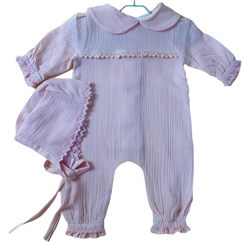 pink baby girl newborn first outfit with bonnet