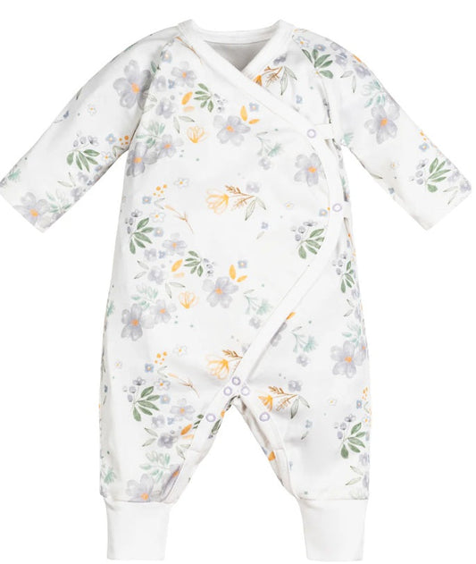 Baby onesie with floral pattern on a white background