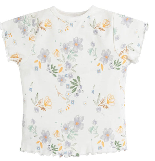 White t-shirt with floral pattern on a white background