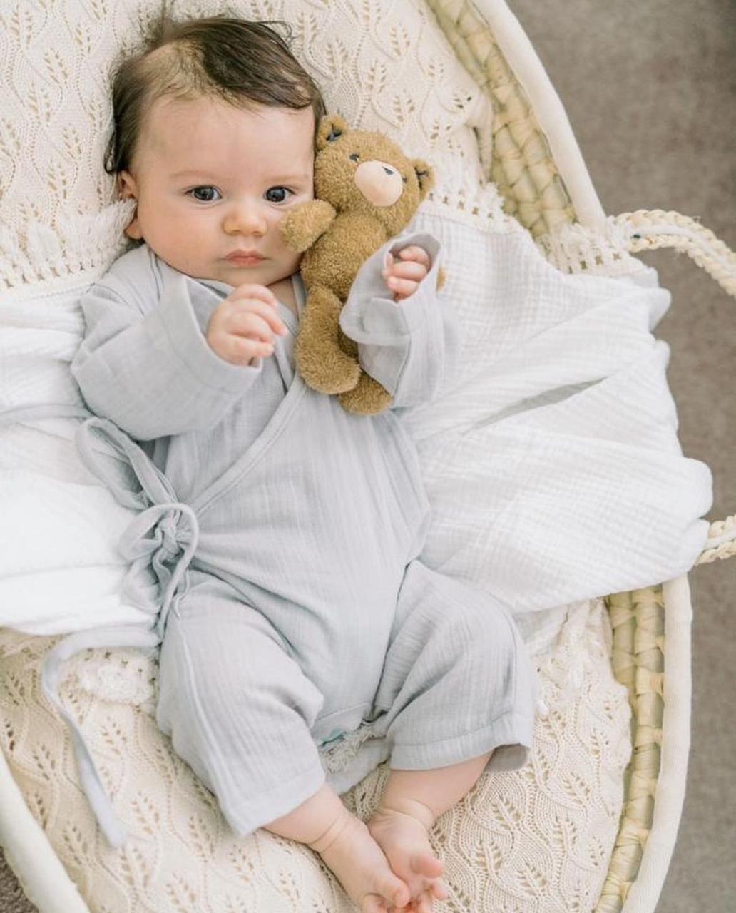 Organic cotton muslin tie side baby outfit