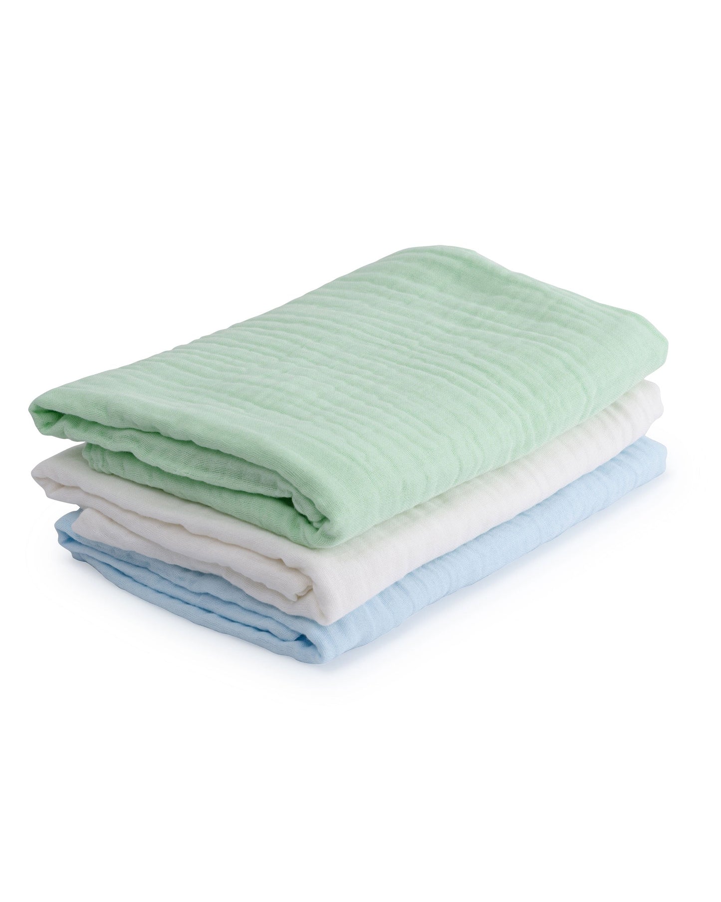 Set of 3 Muslin Bath Towels (Blue, Green, White)