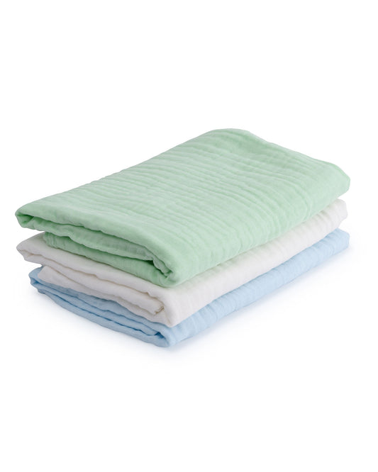 Set of 3 Muslin Bath Towels (Blue, Green, White)