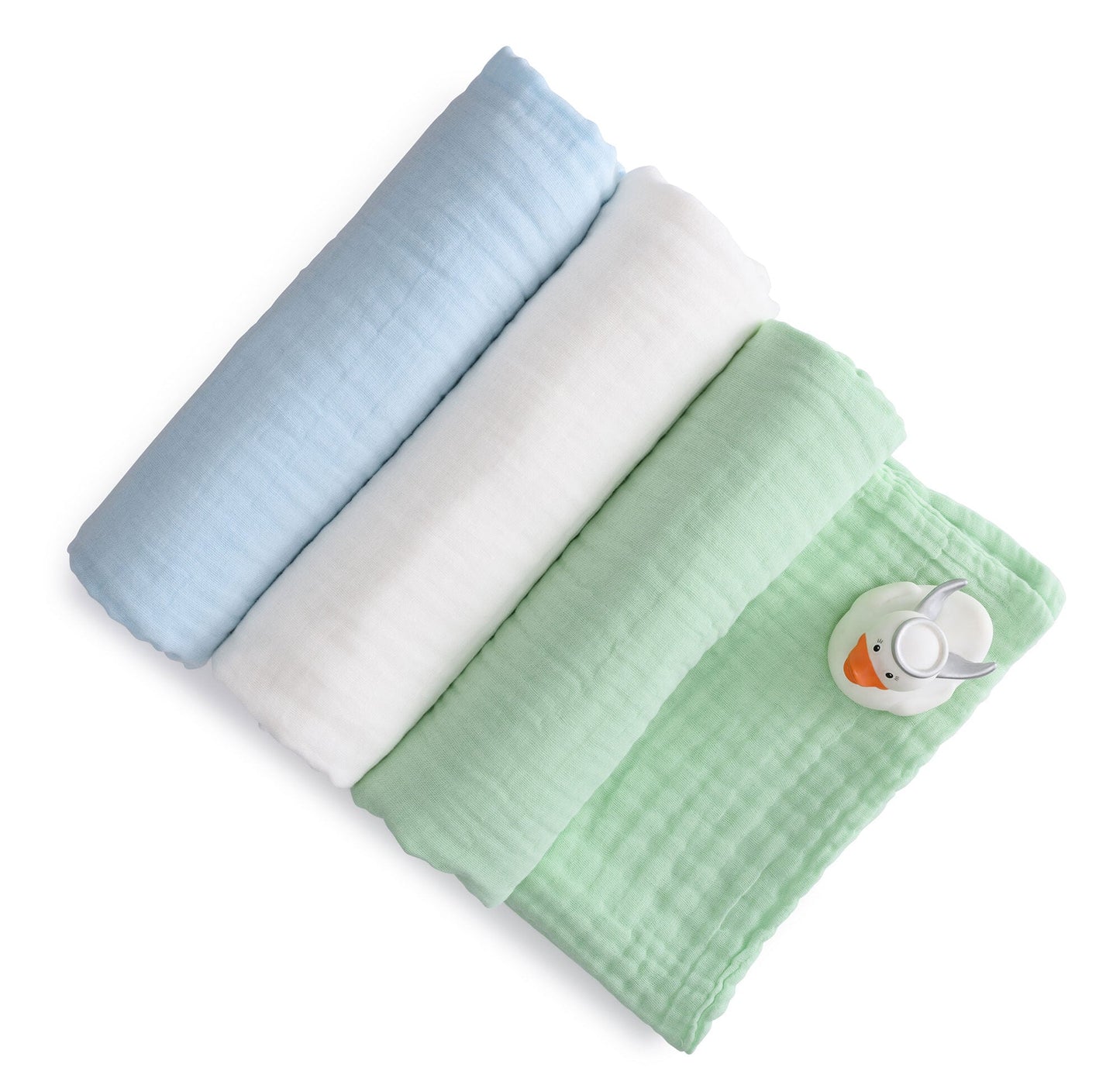 Set of 3 Muslin Bath Towels (Blue, Green, White)