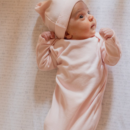 Newborn Knotted Gown and Beanie in Delicate Pink