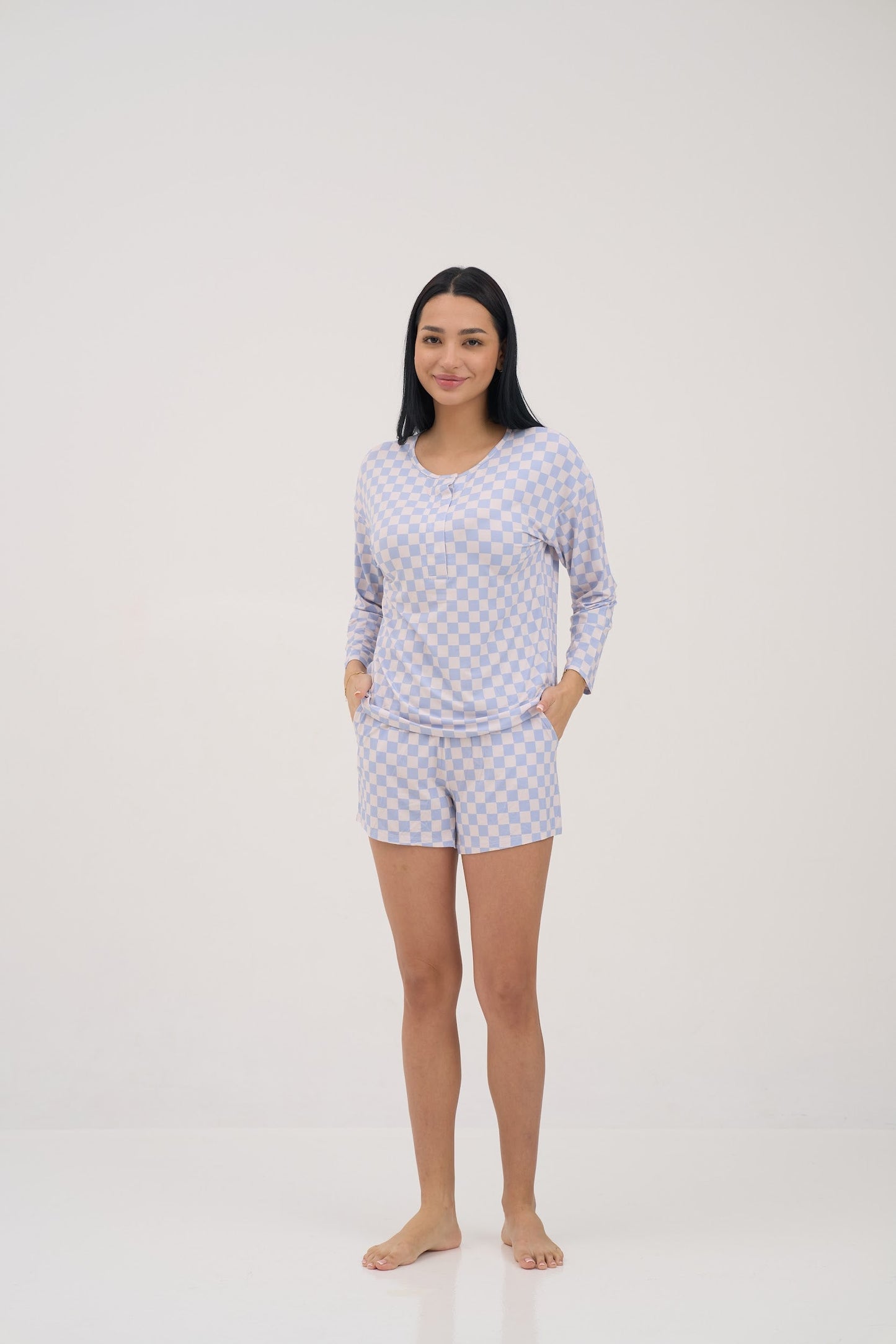 Womens Blue Checker Drop Shoulder Pajama Top