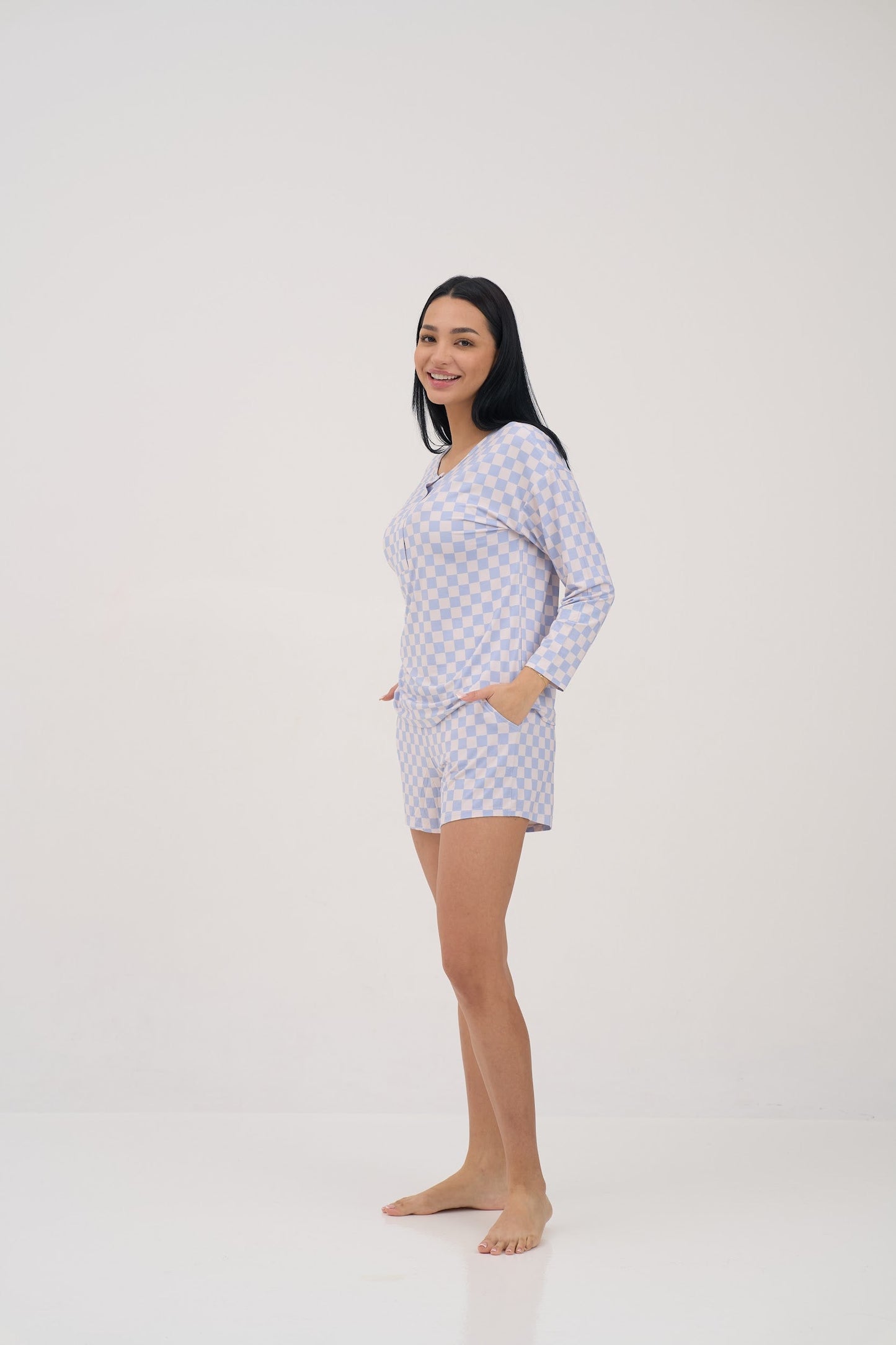 Womens Blue Checkers Hipster Shorts