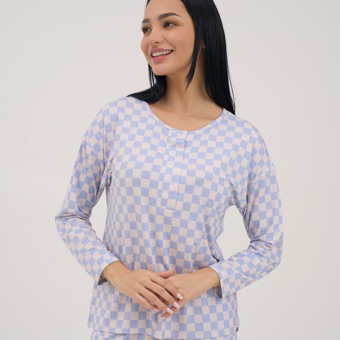Womens Blue Checker Drop Shoulder Pajama Top