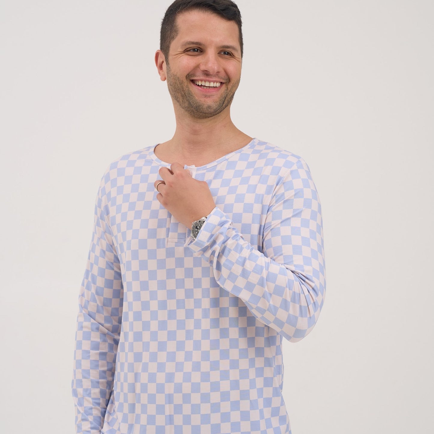 Mens Blue Checkers Round Neck Pajama Top