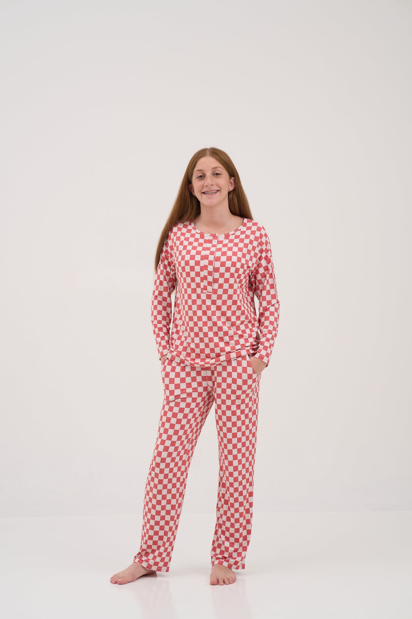 Womens Red Checker Drop Shoulder Pajama Top