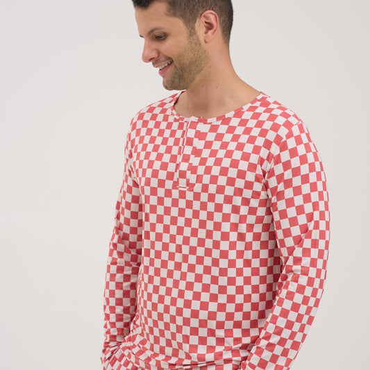 Mens Red Checkers Round Neck Pajama Top