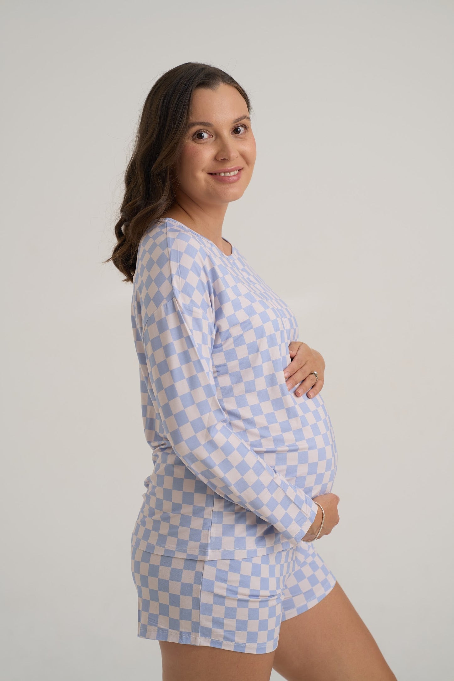 Womens Blue Checker Drop Shoulder Pajama Top