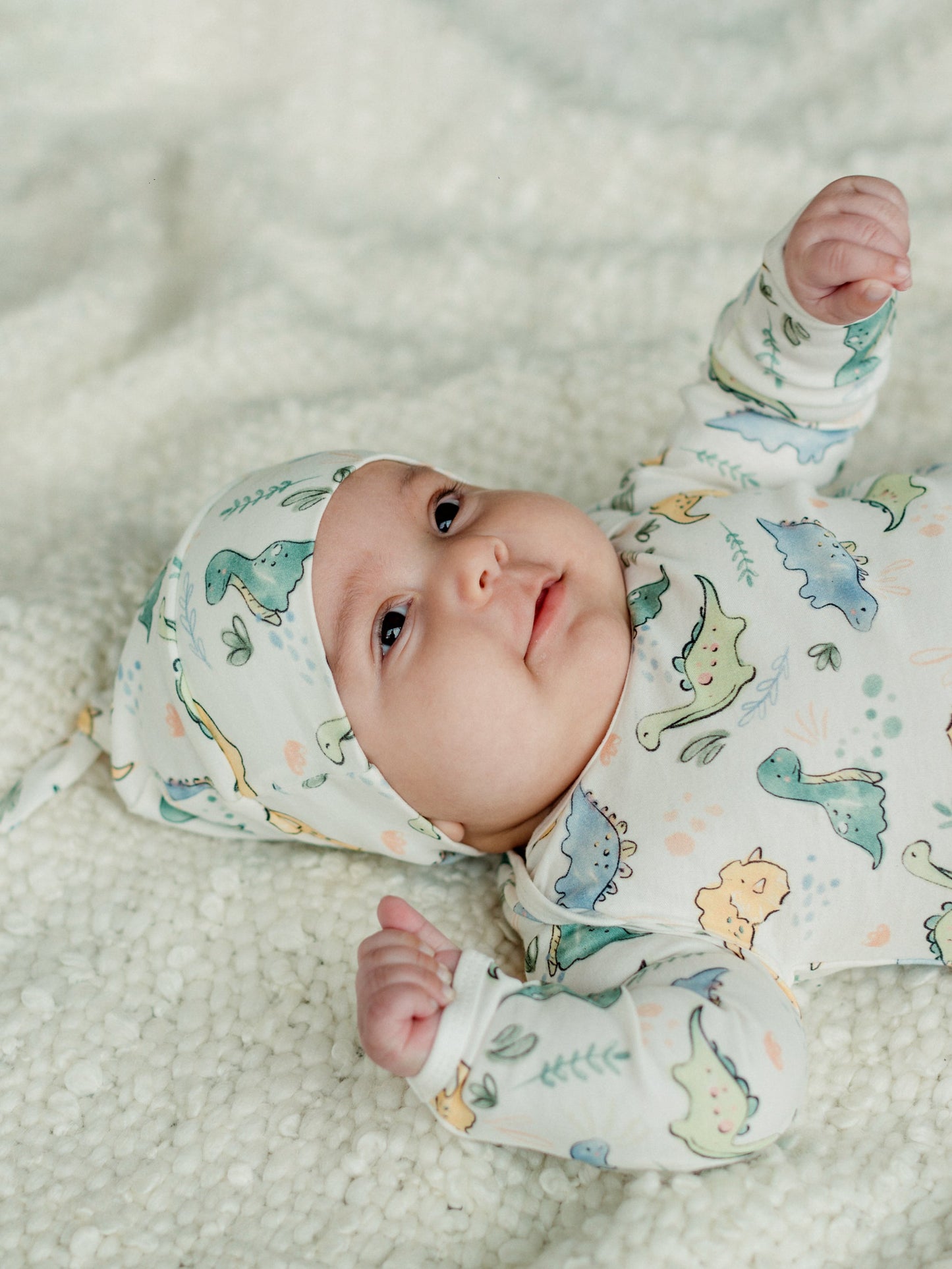Newborn Knotted Gown and Beanie in Dino Print