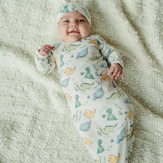 Newborn Knotted Gown and Beanie in Dino Print