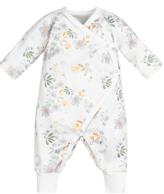 Baby onesie with floral pattern on a white background