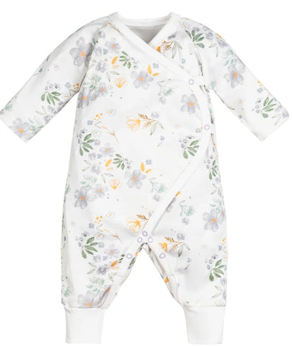 Baby onesie with floral pattern on a white background
