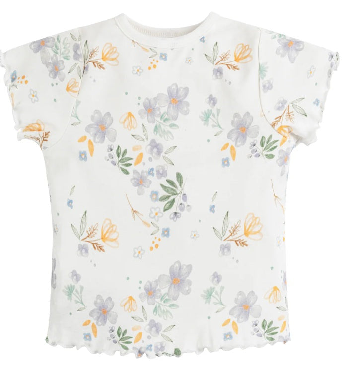 White t-shirt with floral pattern on a white background