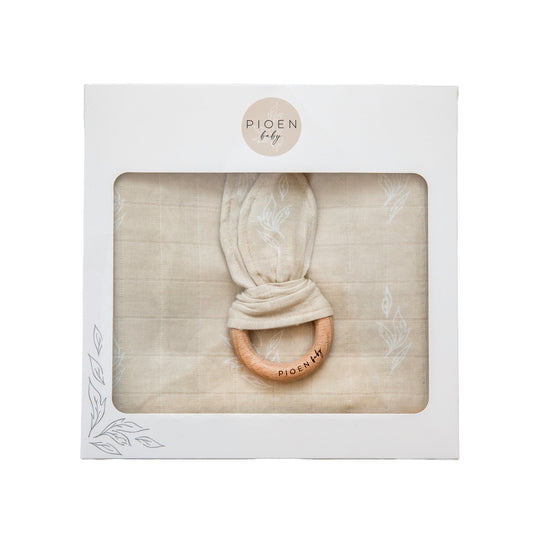 100% Organic Cotton Swaddle and Rattle Gift Pack Beige