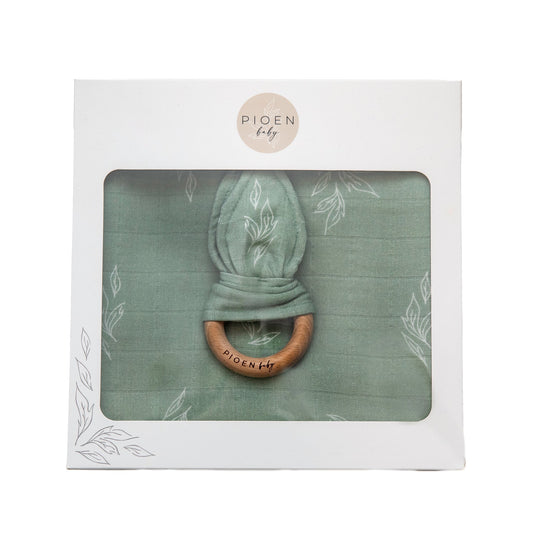 100% Organic Cotton Swaddle and Rattle Gift Pack Soft Green