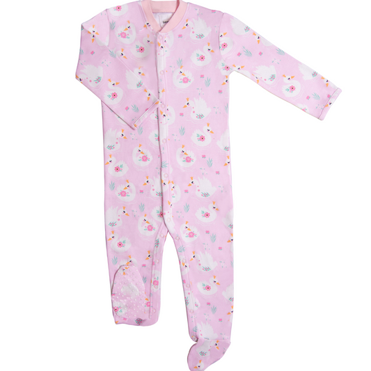 pink swan print baby girl zip sleepsuit