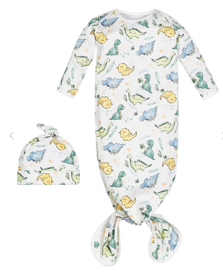 Newborn Knotted Gown and Beanie in Dino Print