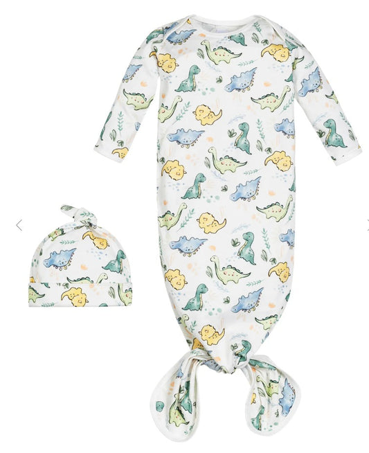 Newborn Knotted Gown and Beanie in Dino Print